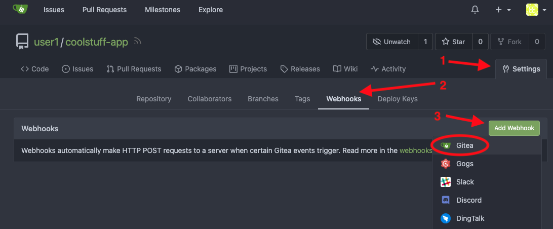 Add webhook in Gitea