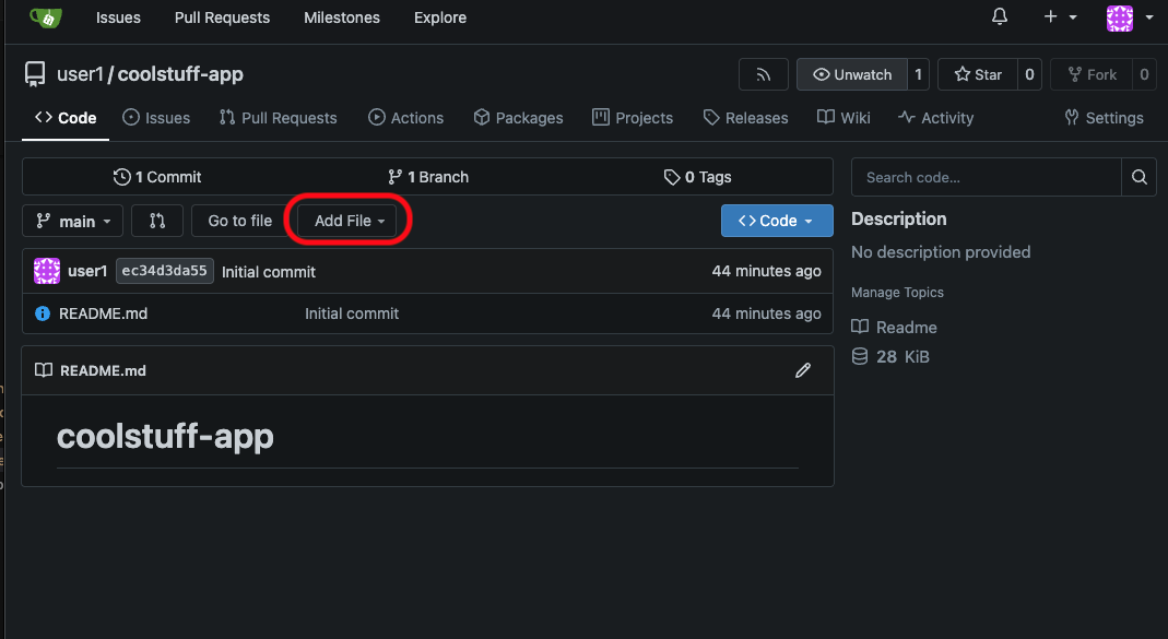 Gitea add a new file to the Coolstuff app repository