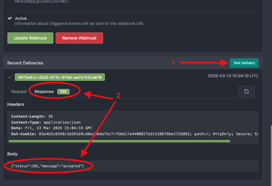 Gitea webhook settings page showing the PAC controller URL filled in and a successful 200 test delivery response