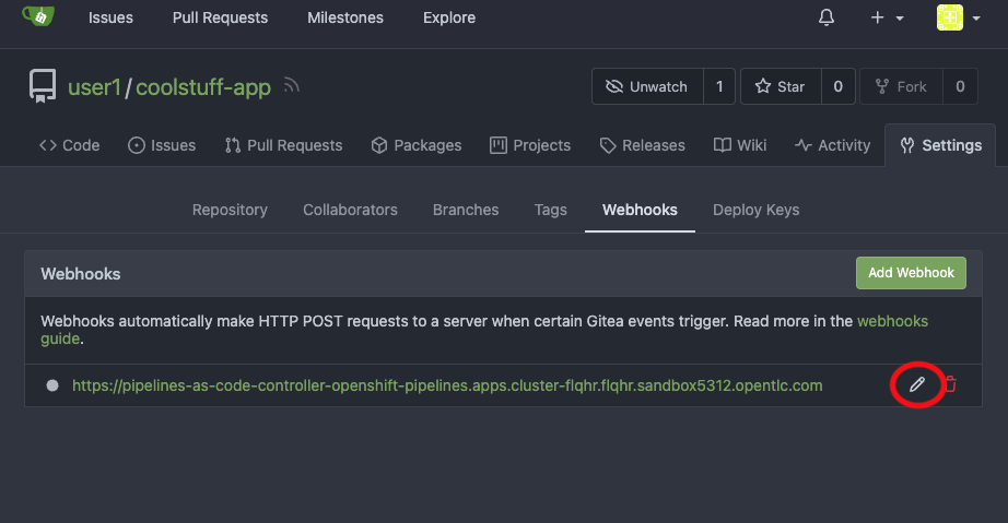 Added webhook in Gitea