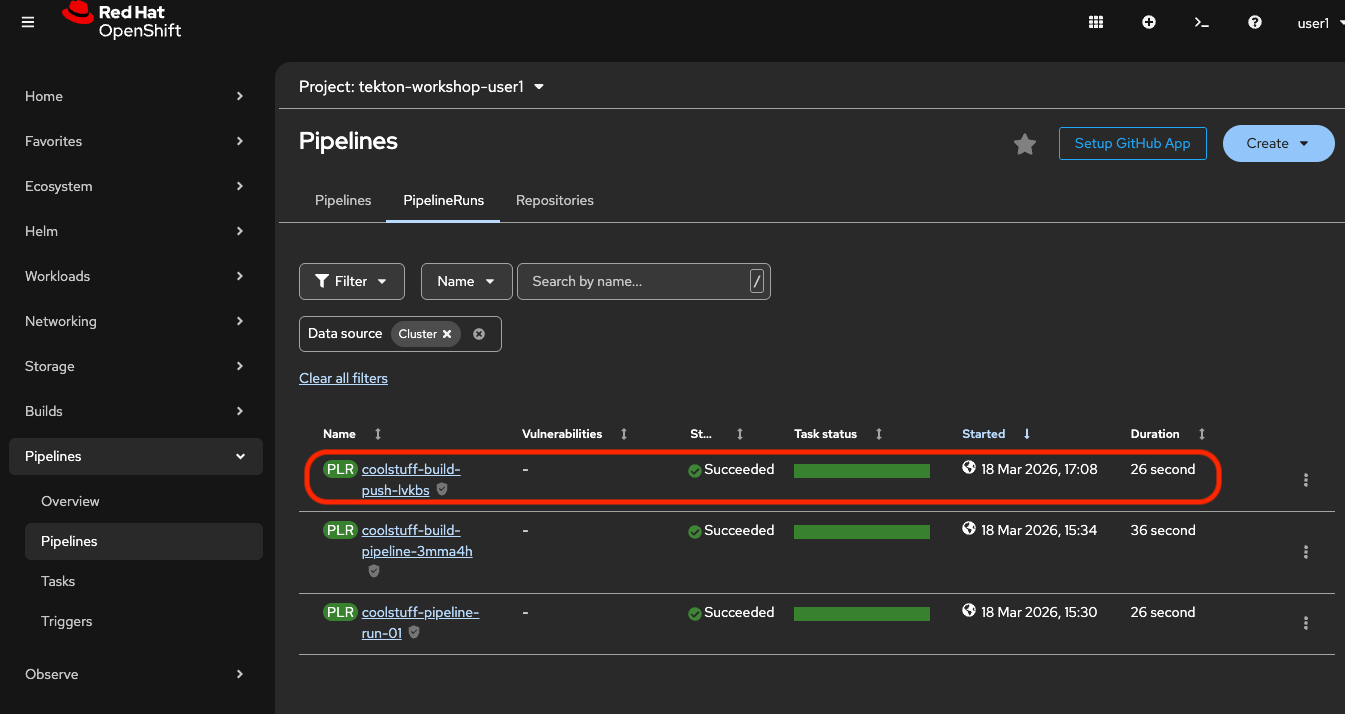 OpenShift console PipelineRuns list showing a PAC-triggered run with a commit SHA in the name alongside previous manually created runs