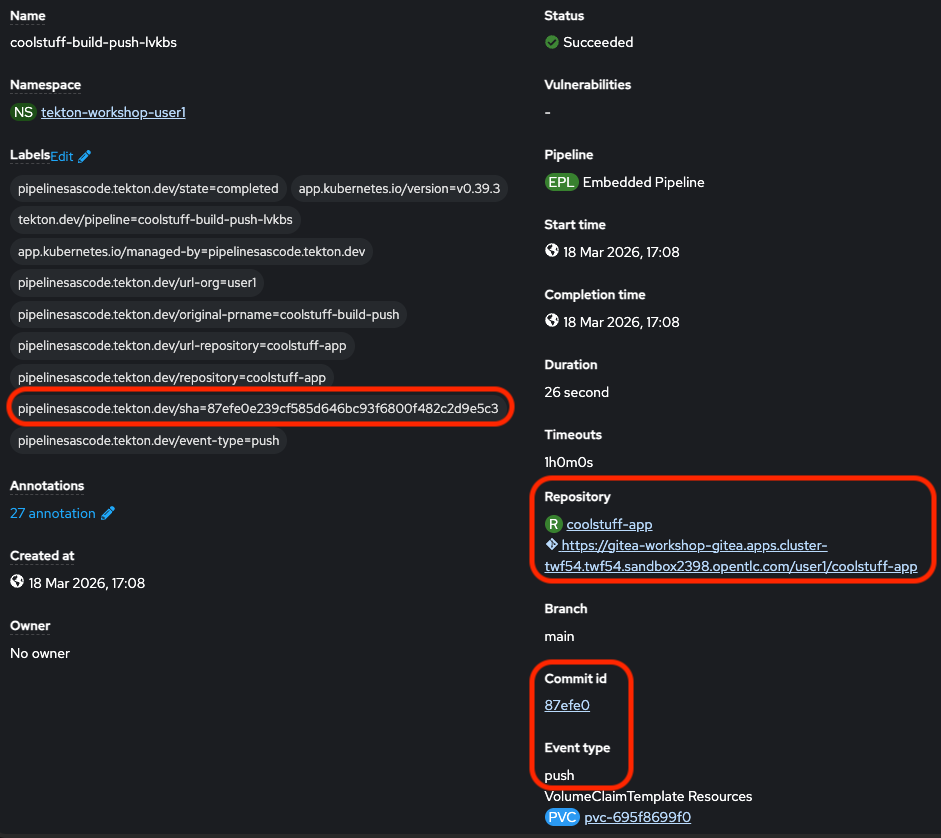 OpenShift console PipelineRuns list showing a PAC-triggered run with a commit SHA in the name alongside previous manually created runs