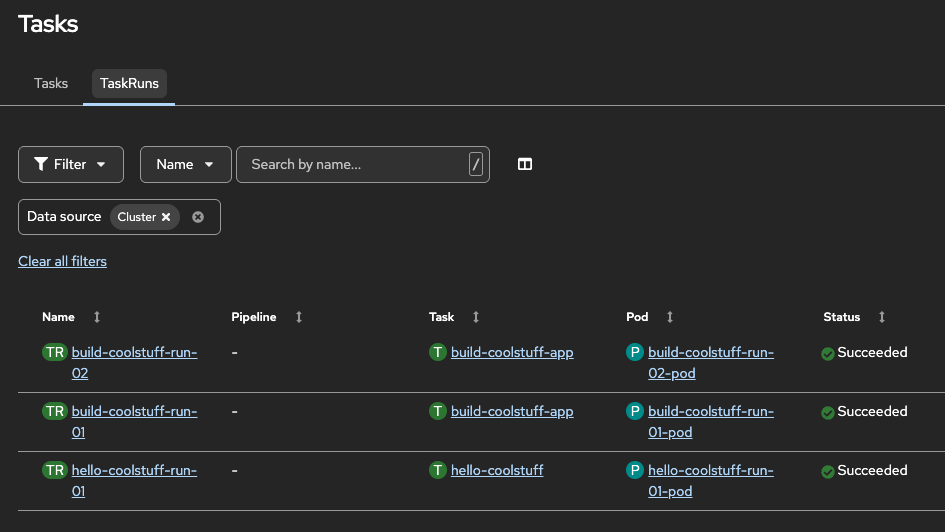 OpenShift console TaskRuns list showing build-coolstuff-run-01 and build-coolstuff-run-02 both with green Succeeded status badges