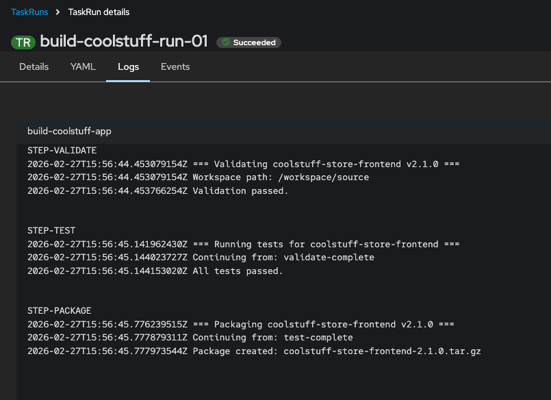 OpenShift console TaskRun detail showing validate